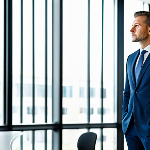 Home 11 A professional male CEO in a tailored business suit, standing confidently and looking thoughtfully towards a large window in a sleek, modern, brightly lit office. The environment suggests strategic thinking and a strong corporate presence. fully clothed, appropriate attire, safe for work, perfect anatomy, correct proportions, natural pose, well-formed hands, proper finger count, natural body proportions, professional photography, high quality, professional, modest, family-friendly, appropriate content.