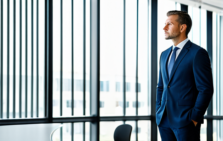 A professional male CEO in a tailored business suit, standing confidently and looking thoughtfully towards a large window in a sleek, modern, brightly lit office. The environment suggests strategic thinking and a strong corporate presence. fully clothed, appropriate attire, safe for work, perfect anatomy, correct proportions, natural pose, well-formed hands, proper finger count, natural body proportions, professional photography, high quality, professional, modest, family-friendly, appropriate content.