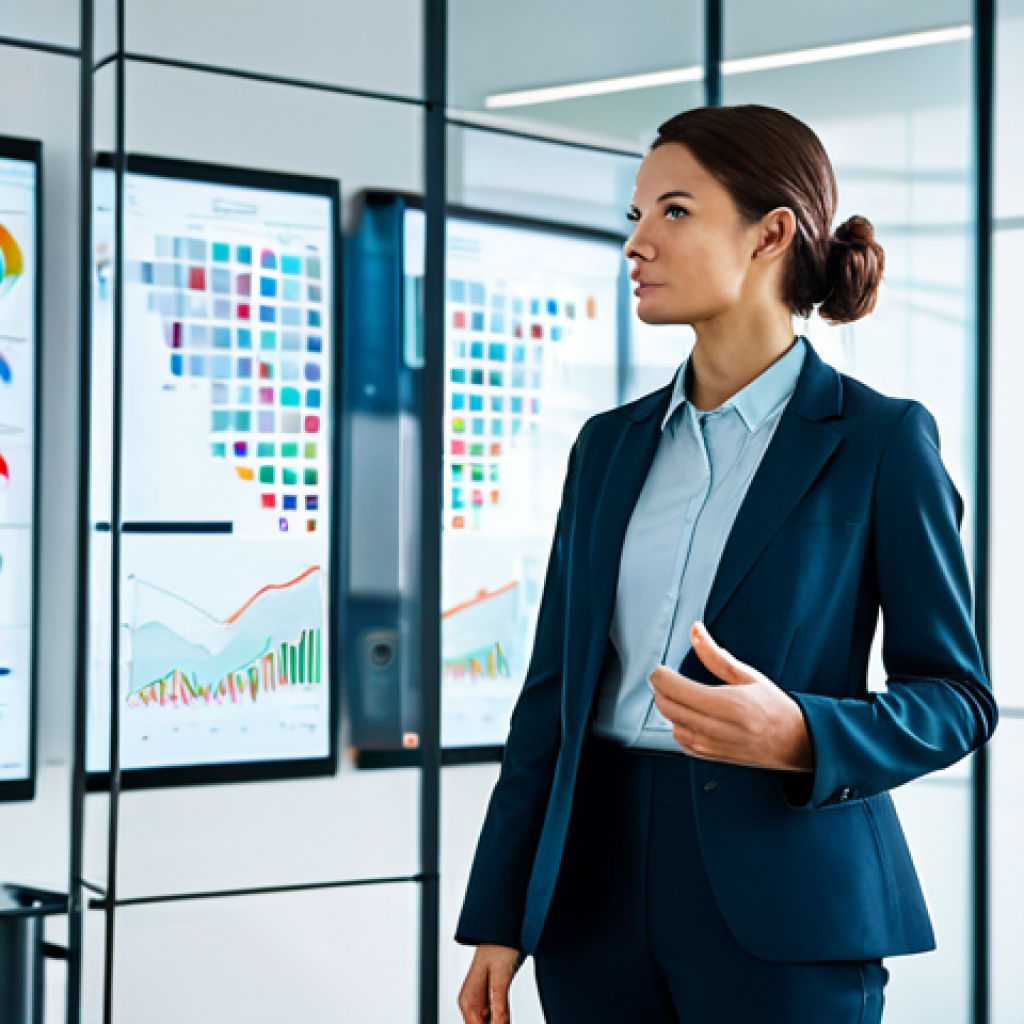 A professional female data analyst in a modest business blazer and trousers, stands in a brightly lit, futuristic office. She thoughtfully observes a transparent holographic display showcasing complex data visualizations and predictive analytics models for viral trends. The environment is sleek and modern, with subtle digital interfaces on glass walls. The scene conveys innovation and strategic foresight. Professional photography, high-resolution, sharp focus, vibrant colors, safe for work, appropriate content, fully clothed, professional, perfect anatomy, correct proportions, natural pose, well-formed hands, proper finger count, natural body proportions.