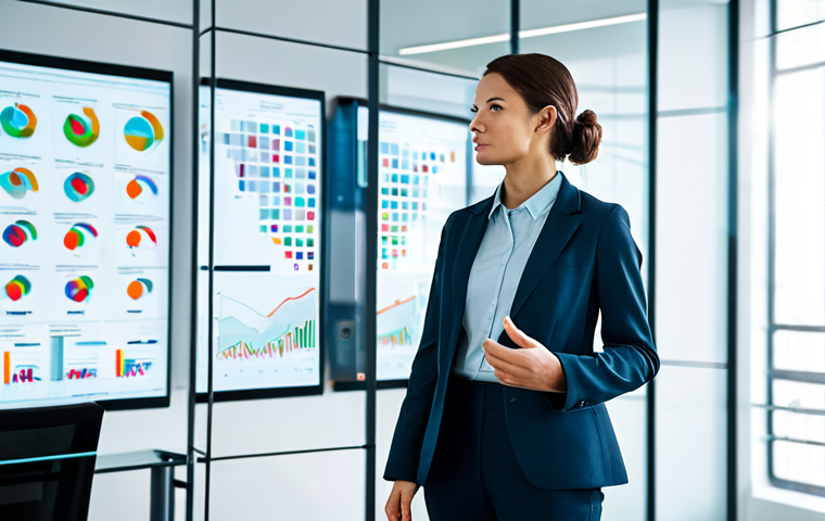 A professional female data analyst in a modest business blazer and trousers, stands in a brightly lit, futuristic office. She thoughtfully observes a transparent holographic display showcasing complex data visualizations and predictive analytics models for viral trends. The environment is sleek and modern, with subtle digital interfaces on glass walls. The scene conveys innovation and strategic foresight. Professional photography, high-resolution, sharp focus, vibrant colors, safe for work, appropriate content, fully clothed, professional, perfect anatomy, correct proportions, natural pose, well-formed hands, proper finger count, natural body proportions.