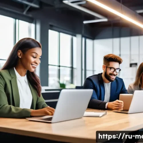 Home 27 공중 관계 관리 - A professional digital marketing team in a modern office setting, collaborating on social media stra...