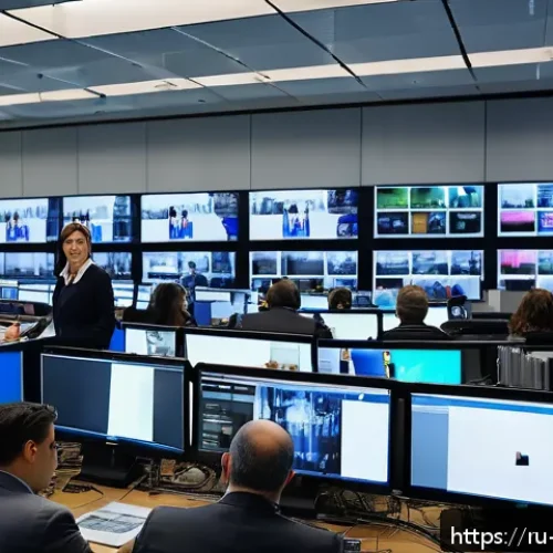 Home 26 미디어 효과 이론 - A modern newsroom scene showing a diverse group of journalists analyzing vivid, dramatic video foota...