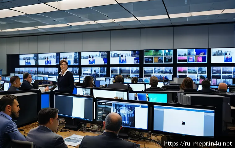 미디어 효과 이론 - A modern newsroom scene showing a diverse group of journalists analyzing vivid, dramatic video foota...