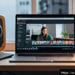 Home 19 미디어 환경 변화 - A modern digital media workspace featuring a young Russian content creator in casual attire, sitting...