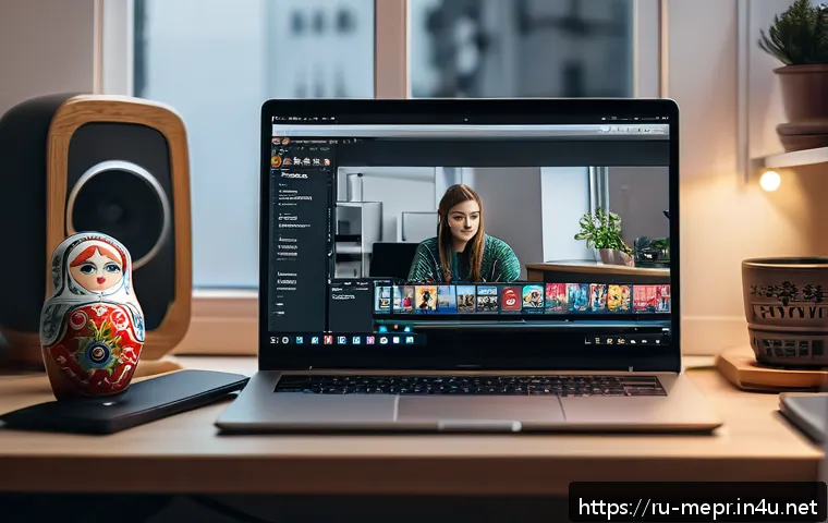 미디어 환경 변화 - A modern digital media workspace featuring a young Russian content creator in casual attire, sitting...